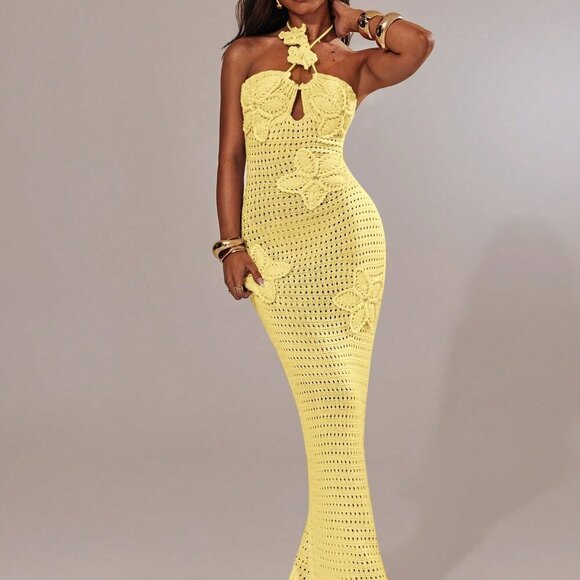 Yellow Sexy Women's Hollow-Out Floral Decor Halter Knitted Vacation Dress - Picture 6 of 8